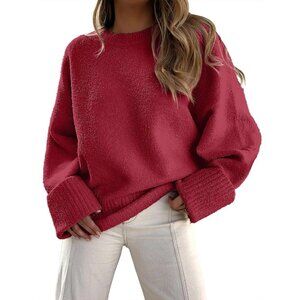 Women's Red Oversized Long Sleeve Casual Fuzzy Knit Sweaters